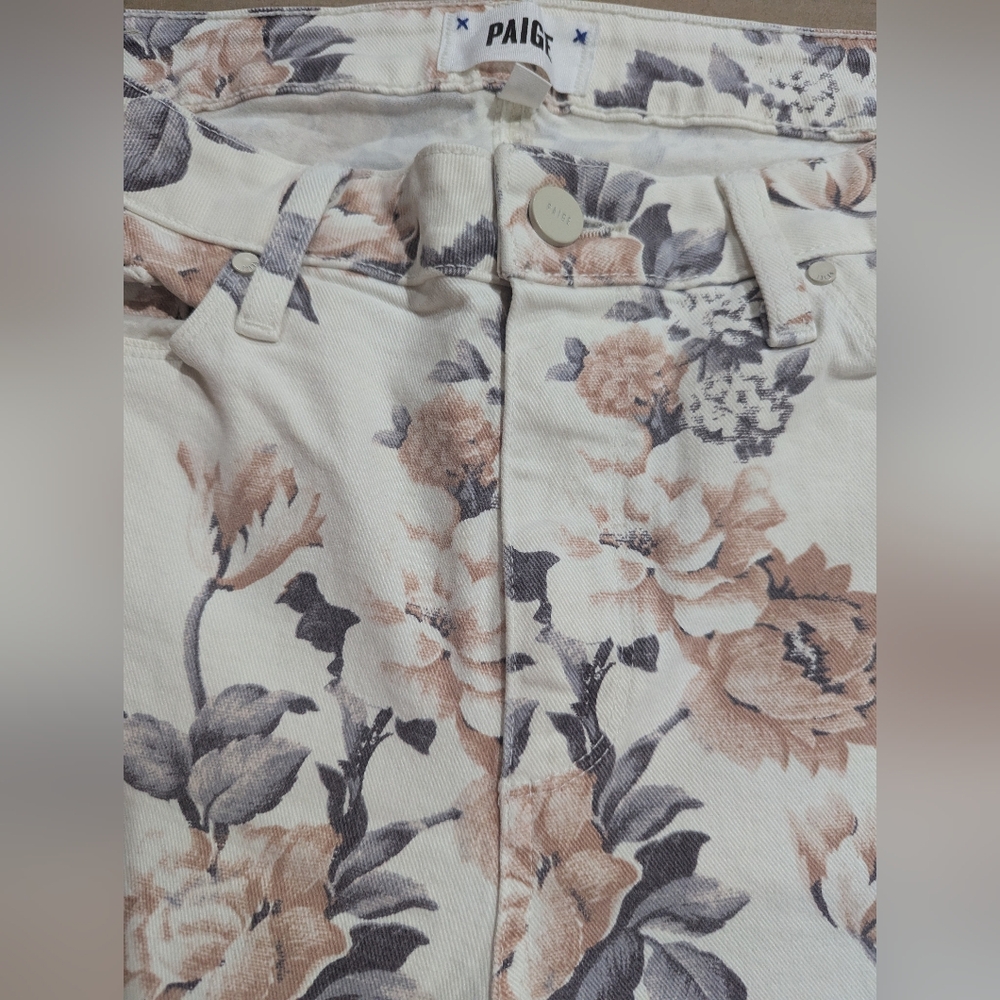 Paige Colette Jeans Crop Flare Fray Hem Cream Desert Wildflower Floral Sz 30 *GC - Picture 7 of 14
